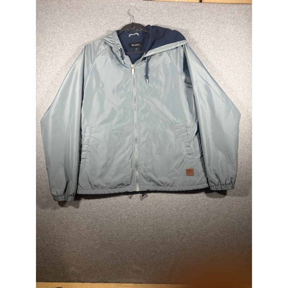 Brixton Mens Gray Hooded Windbreaker Jacket Full Zip Logo Size S